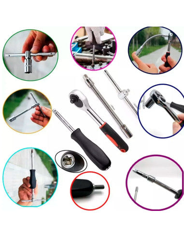 Juego de Herramientas con Matraca y Dados de Precisión, Kit de Llave de Trinquete Reversible con Puntas Intercambiables y Extensión, Estuche Organizador Mecánico para Mantenimiento Automotriz y Hogar